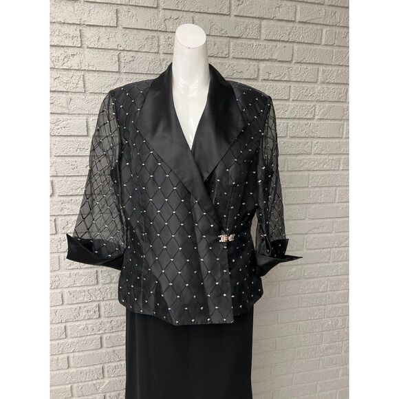 R&M Richards Women Black Satin Sequin Sheer Jacket Top Size 16 - Picture 1 of 10